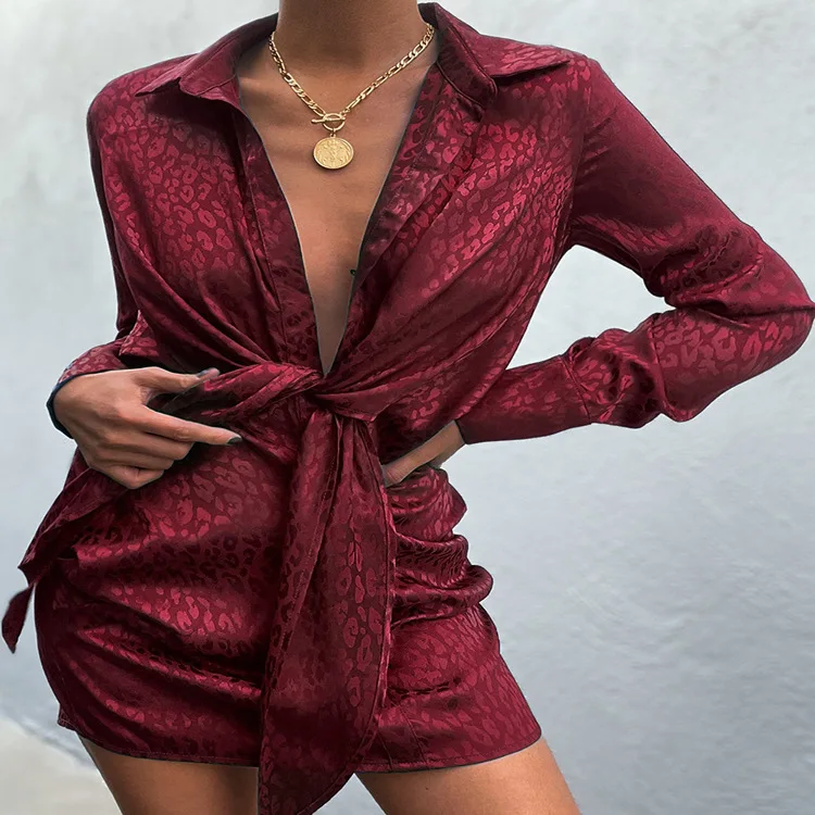 

2021 Monki Leopard Print Satin Prom Dress Lace Up Sexy Shirt Dresses Long Sleeve Mini Vestidos Women Cheap Wholesale Clothing