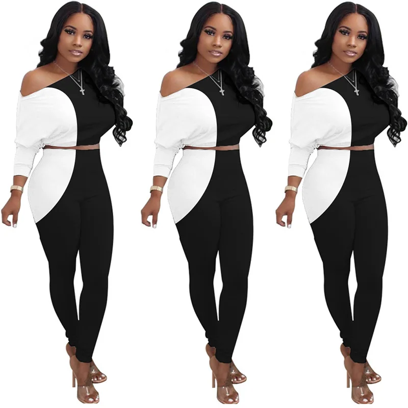 

WXY8805 fall winter simple fashion casual ladies suit color matching diagonal shoulder long sleeved trousers women two piece set, Black