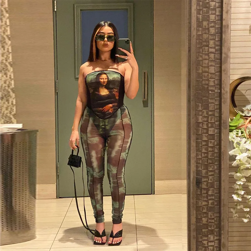 

Online shopping women clothes two piece mona lisa print strapless tophigh waist pants set bodycon outfit, As the picture