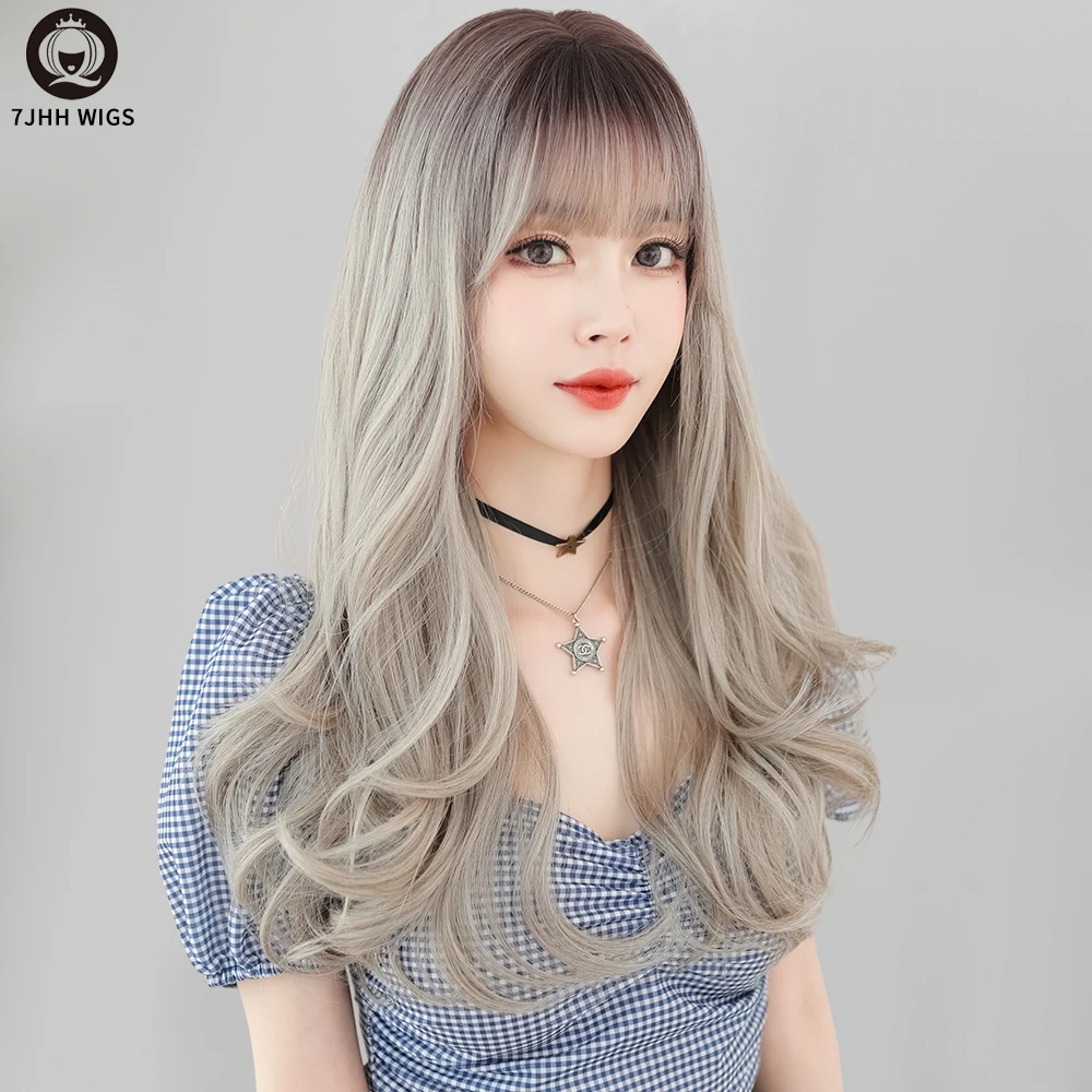 

7JHH WIGS Ombre Beige With Gray Long Curly Wig With Bangs Wholesale Heat Resistant Fibre 23 Inches Synthetic Wigs, Ombre color