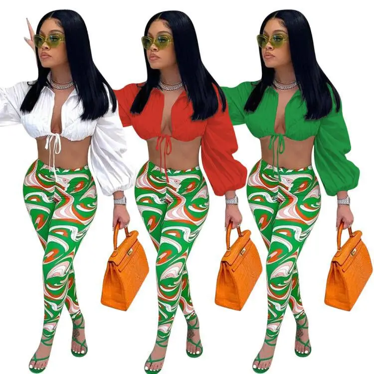 

Bishop Sleeve Top Printed Color 2 Piece Streetwear Sets Women Lantern Sleeve Lace Up Crop Tops High Waist Leggings Two Piece Set