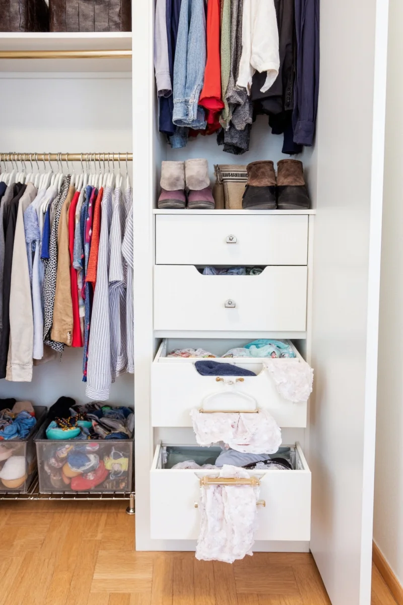 IKEA SKUBB storage boxes stacked inside a closet