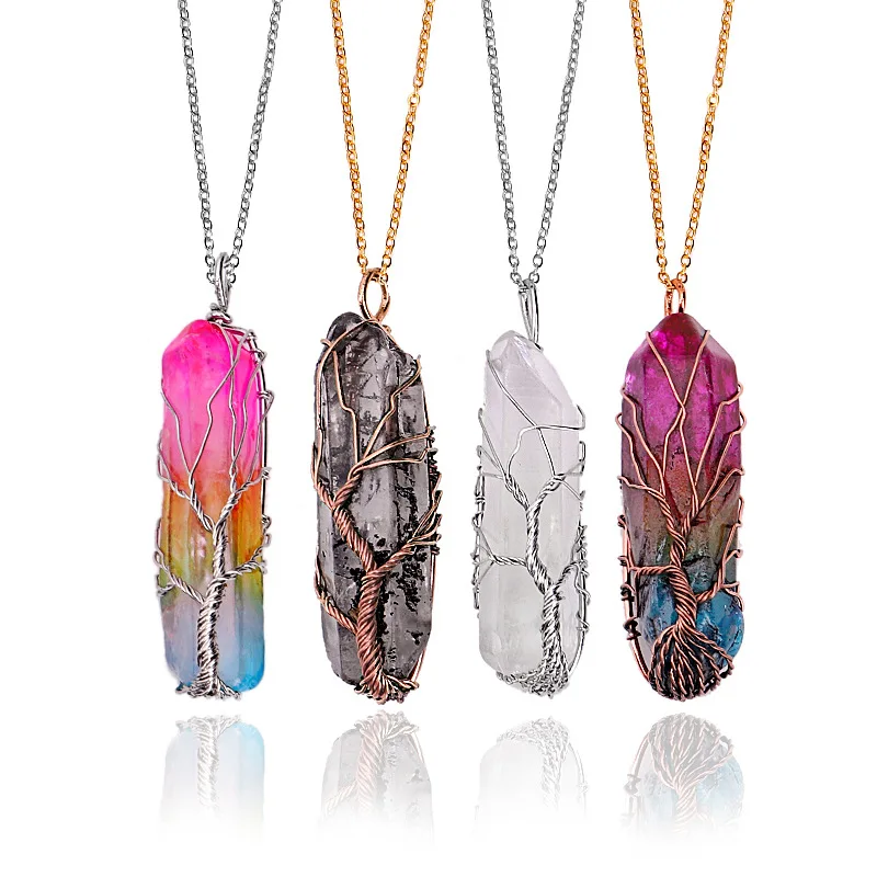 

Wholesale hexagonal crystal necklace rainbow stone tree of life pendant necklace for women