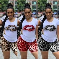 

2019 hot sell QB5130 women leopard shorts and t shirt two piece set