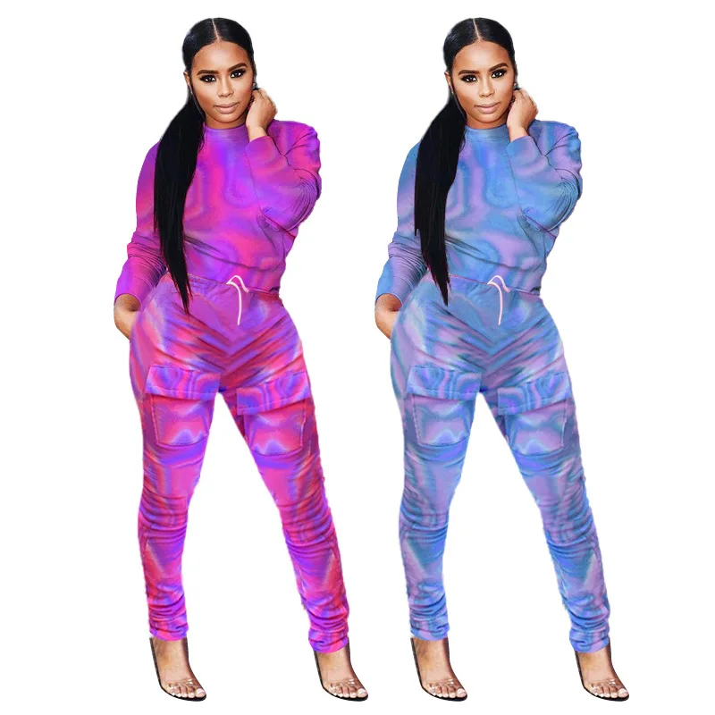 

Sports suit long-sleeved trousers printed colorful pocket two-piece suit