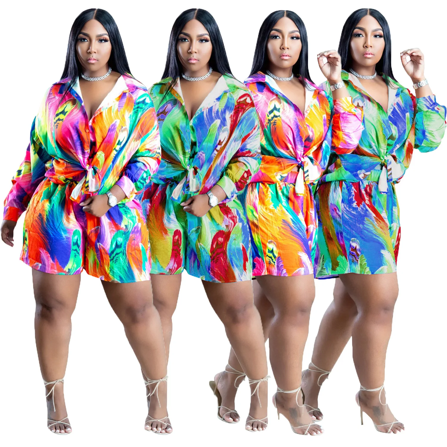 

TH260 Latest Design Plus Size Tie Dye Shirt And Short Set Long Sleeve Summer 2 Piece Short Set Women Two Piece Shorts Set