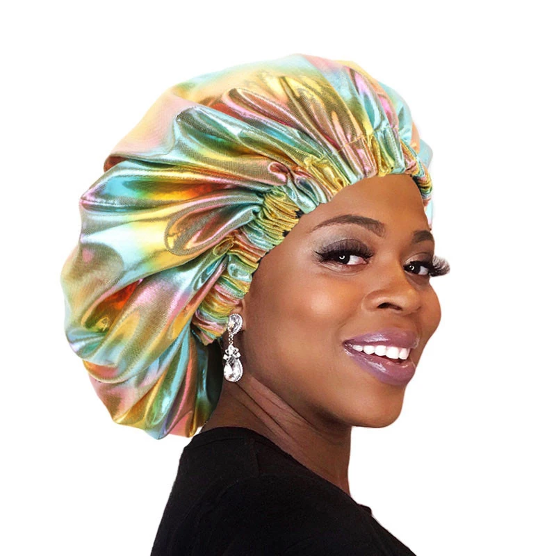 

Oversize African Hair Bonnet Elastic Gradient Laser Round Soft Sleep Night Hair Hat Head Cover Bonnet En Satin Pour Cheveux