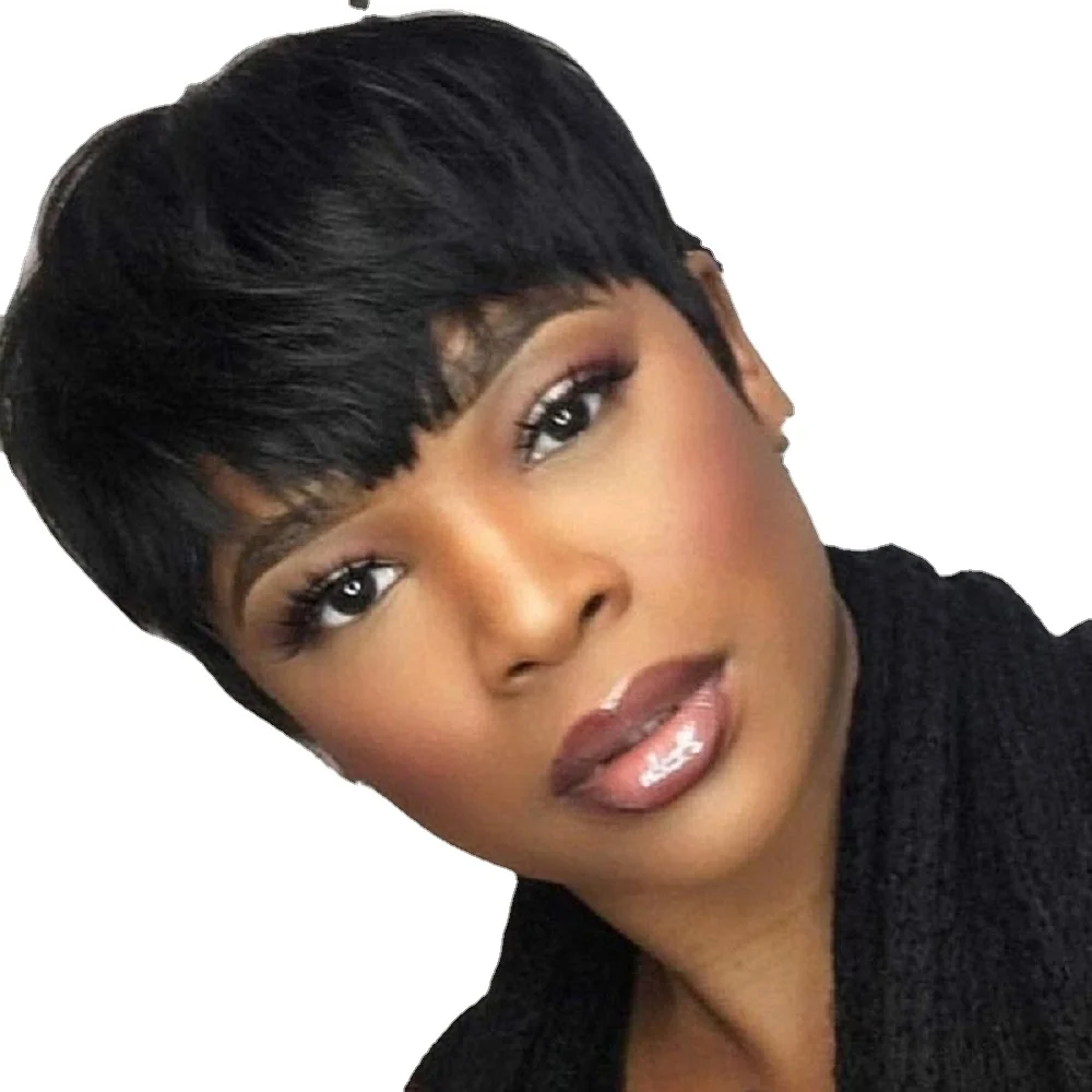 

Dropshipping Simulated Human Hair Wigs For Women Black Pixie Cut Hairpiece Texture Short Straight Hair Head Cover