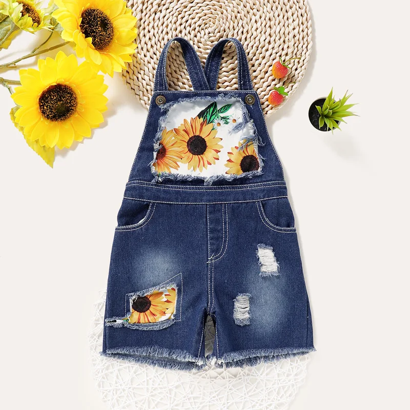 

New summer floral pattern suspender overalls denim shorts Kids girls ripped overall jeans bib shorts