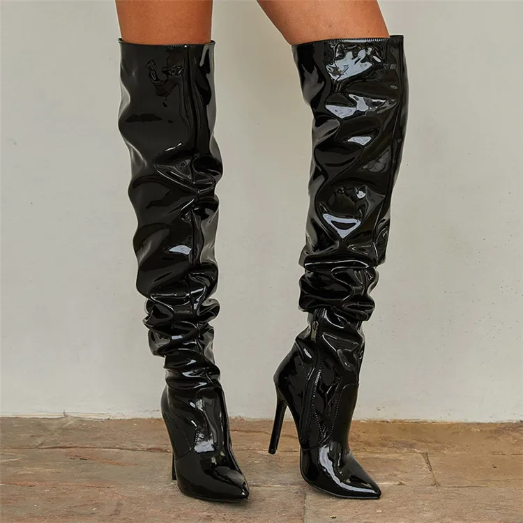 

Pointed Patent Leather High Leg Black Zipper Stiletto Heel Women Boots Stretch Over The Knee Boots, Customized color
