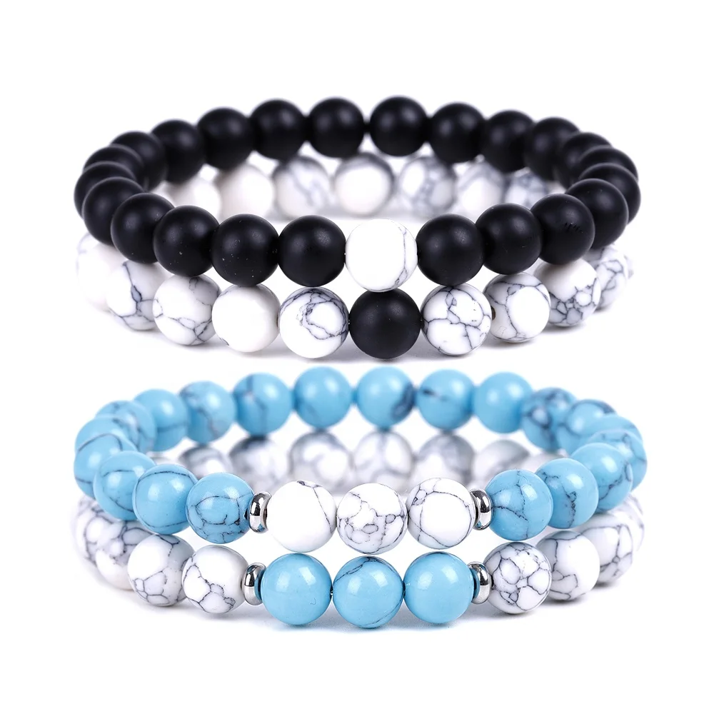 

Fashion Women Men Jewelry Couples Distance Matte Black White Turquoise Beads Bracelet