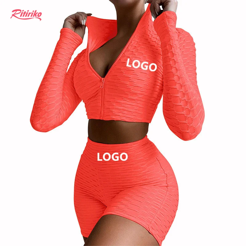 

2021 Summer Mujer Sexy Fitness Workout Casual Sports Wear Zip Crop Tops High Waist Tiktok Leggings Two Piece Shorts Set, Orange, gray, black, coffee, blue
