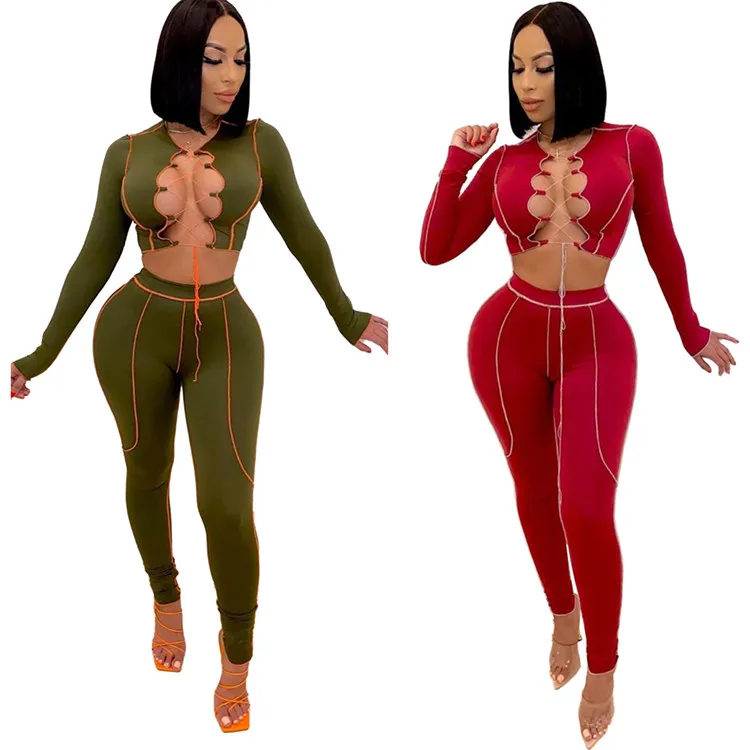 

womens clothing vendors 2020 Fashion casual women's lace sexy hollow long sleeve two-piece suit, Picture color