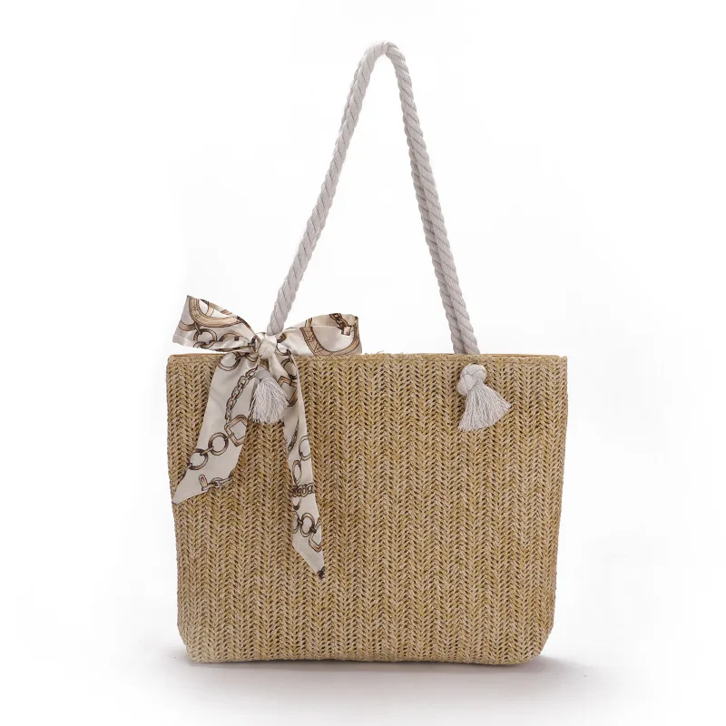 

Beach woven straw bag one-shoulder woman bag simple leisure vacation travel, Khaki and beige