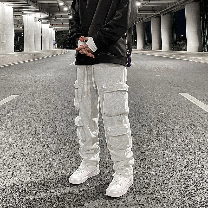 

Winter multi pocket plush thickened straight casual men's pants high street sweatpants