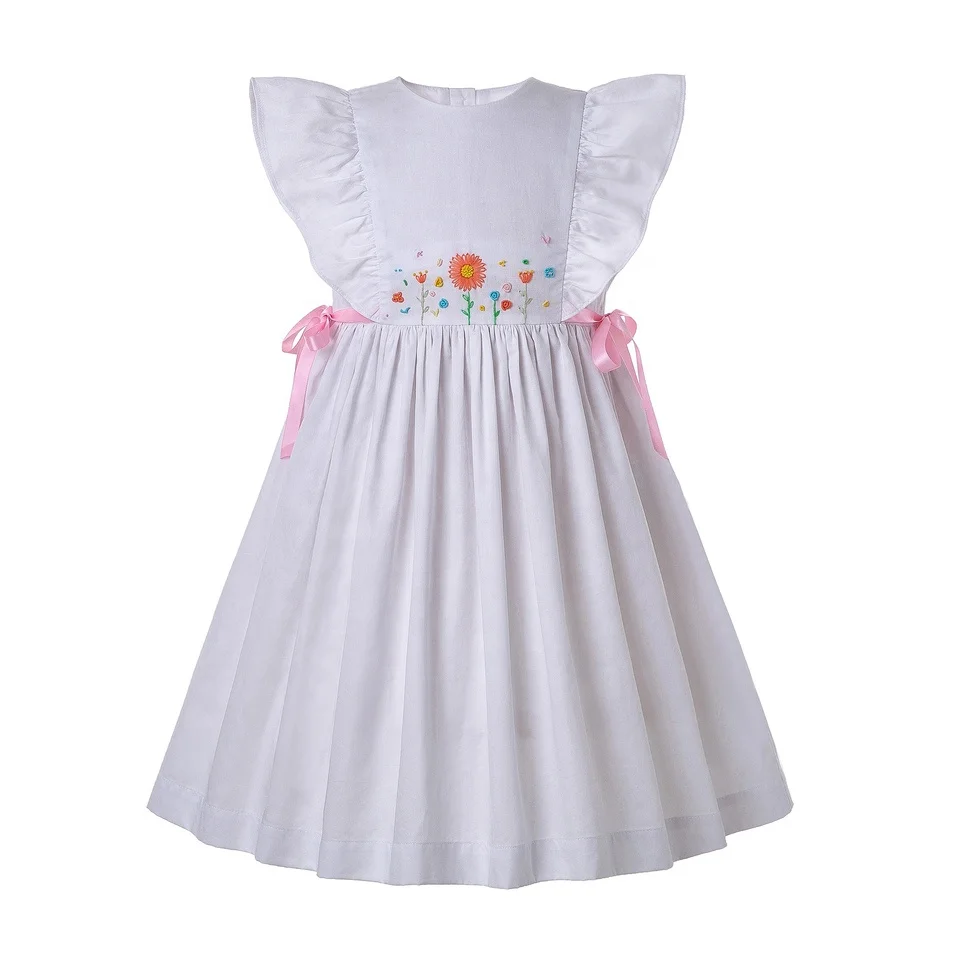 

OEM Pettigirl Girls White Floral Dress Handmade Smocked Dress Short Sleeve Girls Clothing