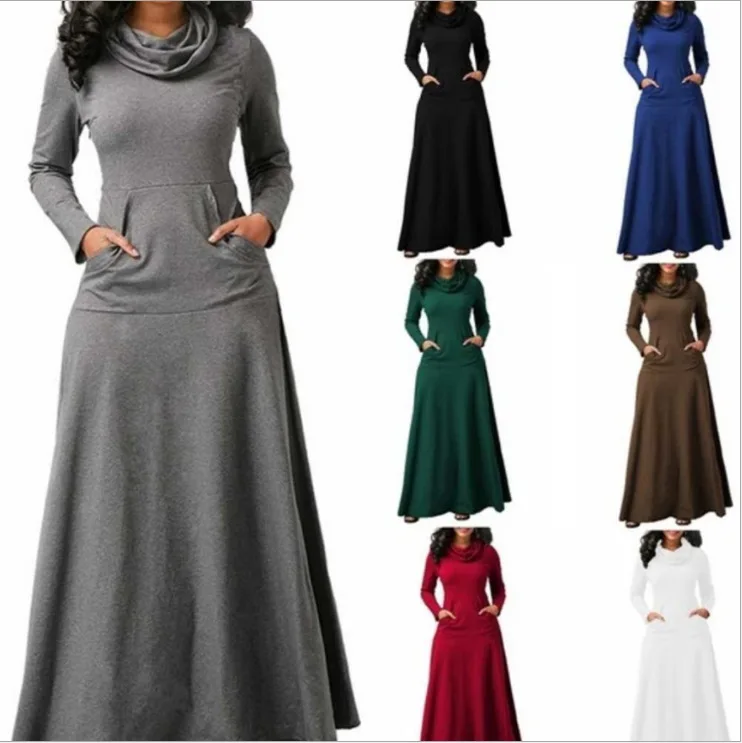 

FE2940 Fall solid color stitching pocket bib plus size 5XL big swing full sleeve ladies maxi dress