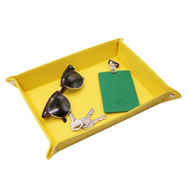 

high performance organizer pu leather catchall with snaps travel valet tray, Yellow