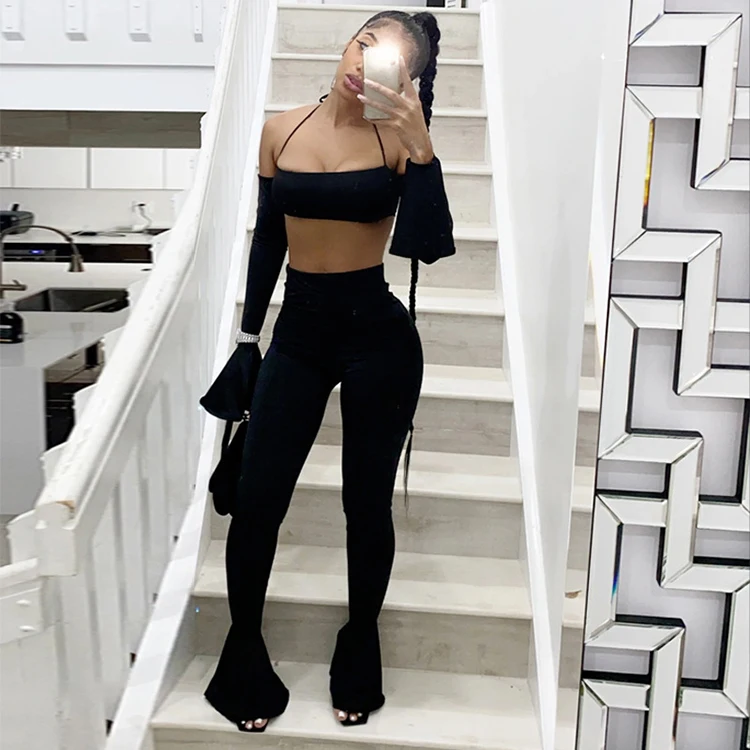 

Flare Long Sleeve Off Shoulder Crop Top And Pants Outfits Sexy Women 2pcs 2021 Summer Sets Clothes Two Piece Pants Set -PT, Black,green