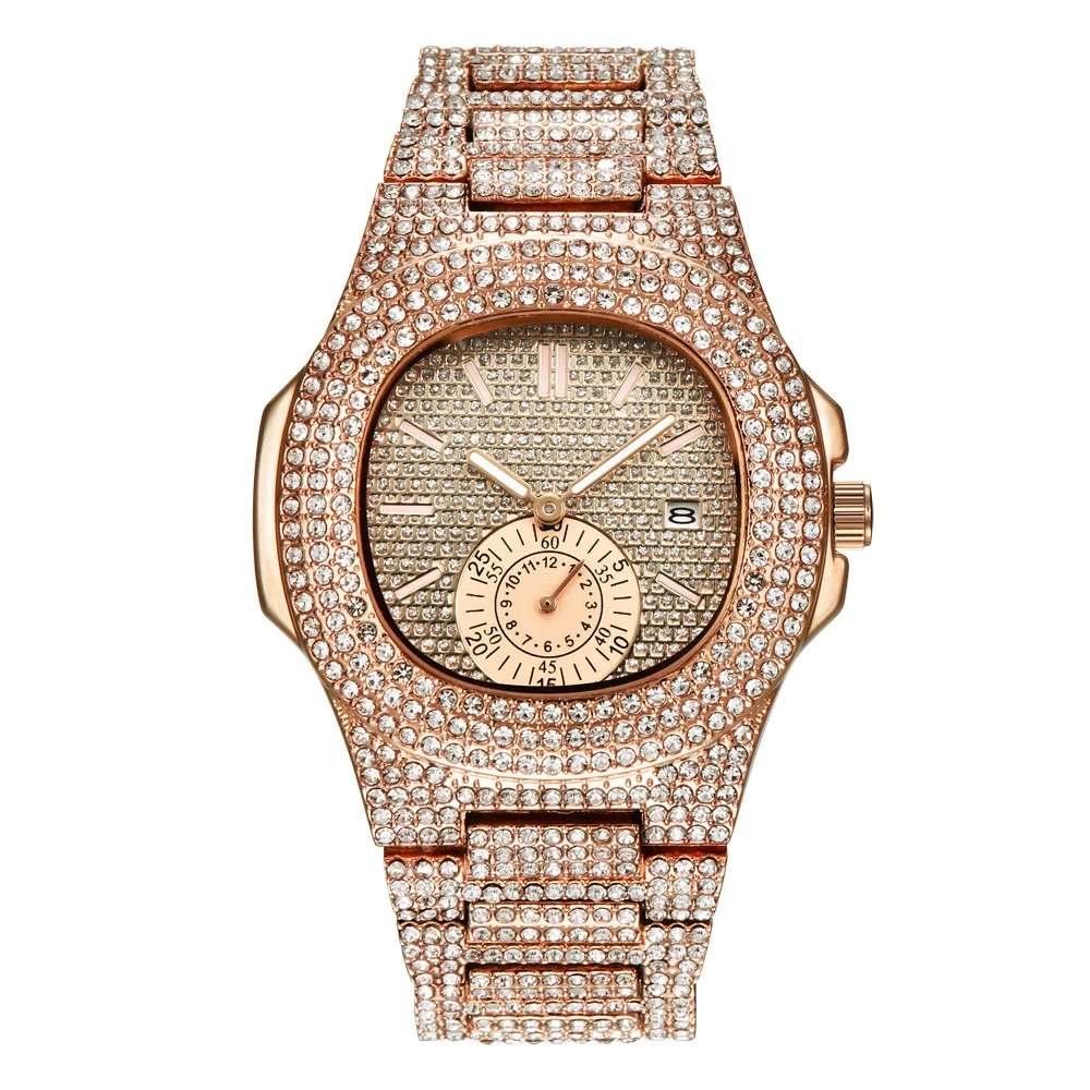 

Hot sale Stock Rose gold Watch Diamond Alfajr Muslim Azan Watch private label mens hip hop watch luxury paraguay