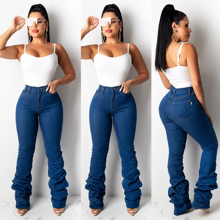 

ELVA New Arrivals New Arrivals 2020 Hot Sale Bell Bottom Flare Stretch Plus Size Pant Ripped Denim Jeans Women, As picture shows