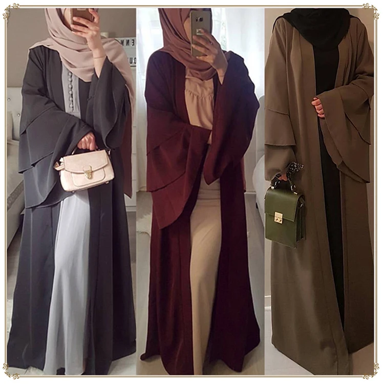 

Latest Dubai Islamic Clothing Turkey Muslim Women's Front Open Cake Crepe Cardigan Solid Kimono Kaftan Ruffle Sleeve Dress Abaya, 3 color in stock accepted customzied design