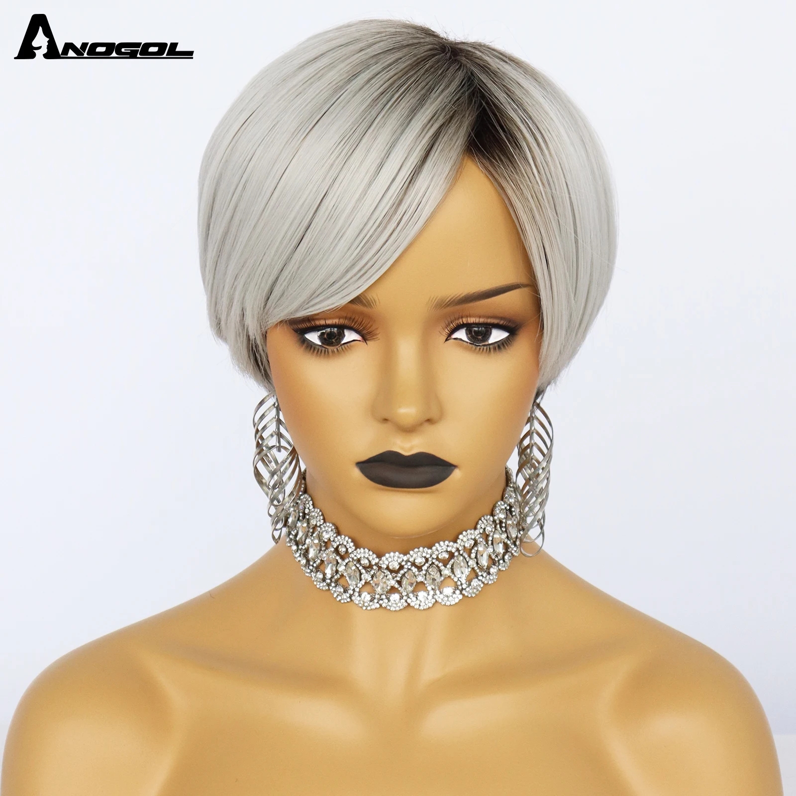 

Anogol New Arrival Short Ombre Gray Synthetic Machine Made Wig for Black Women