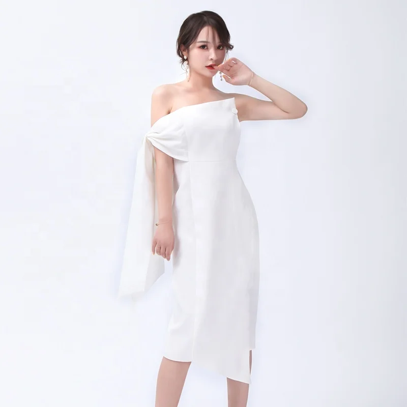 

Chic Style Ladies Elegant Fashion White Tube Top Off Shoulder Slim Banquet Party Bodycon Midi Dress, Customized color