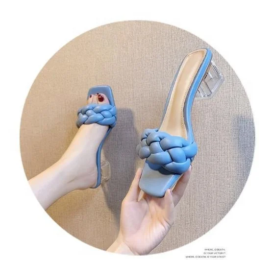 

2021 New chunky crystal heels slippers women soft braided strap flip-flops sandals peep-toe ladies sandals