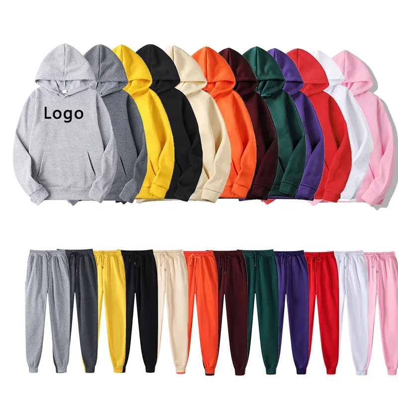 

QC-156 Custom logo polyester and cotton blend logo print two piece hoodies set men sport mens gym unisex tracksuits