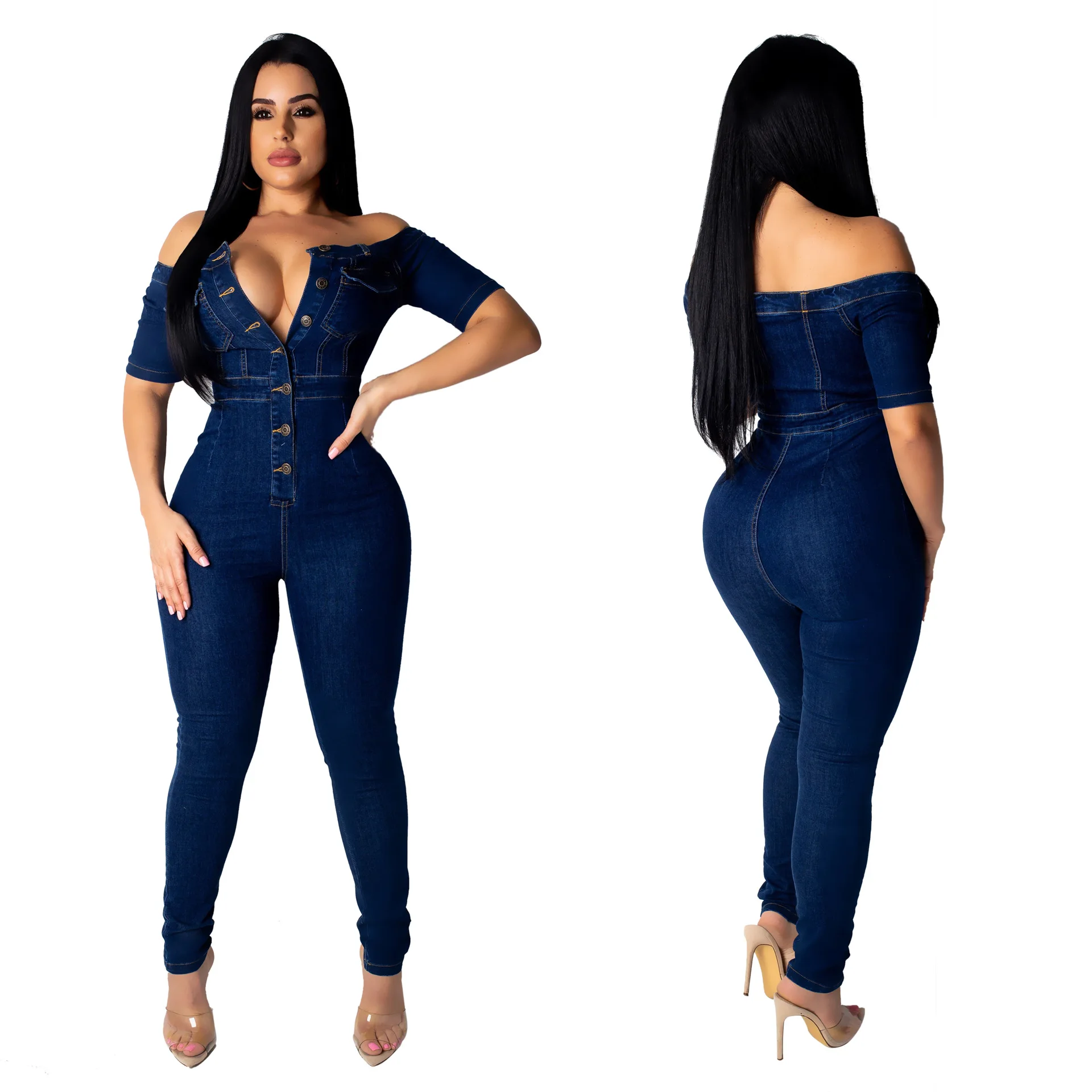 

New European and American strapless one-shouldered slim jumpsuit jeans, Black/blue/coral