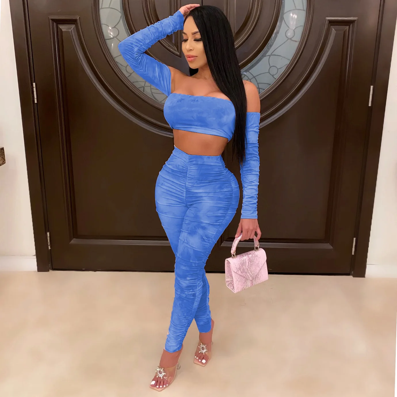 

Sexy Ladies Dew shoulder Strapless Crop Ruched Long Sleeve Cropped Stacked Tank Top And Pant Two Piece Pants Set Women Outfits, White