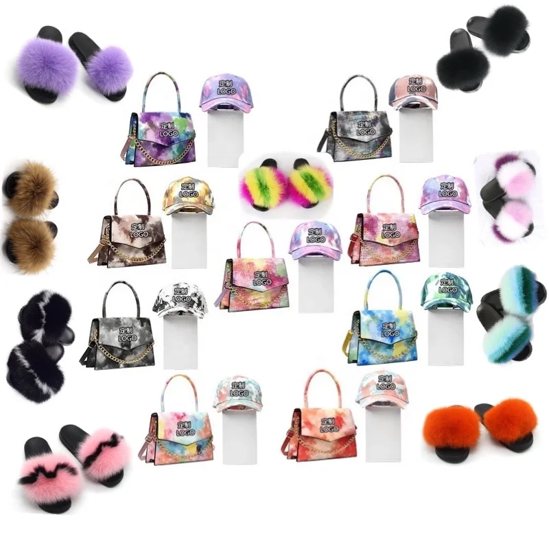 

Wholesale fox fur NY La logo hat handbags bag matching sandals slides shoes & and purse set match tie dye purses 2021 for women