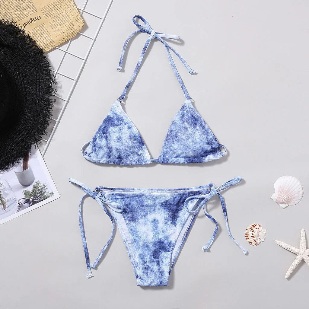 

2020 new in stock tie dye swimsuit triangle lace up neck thong sexy two piece tie side new in stock bikini swimwear, As picture showed