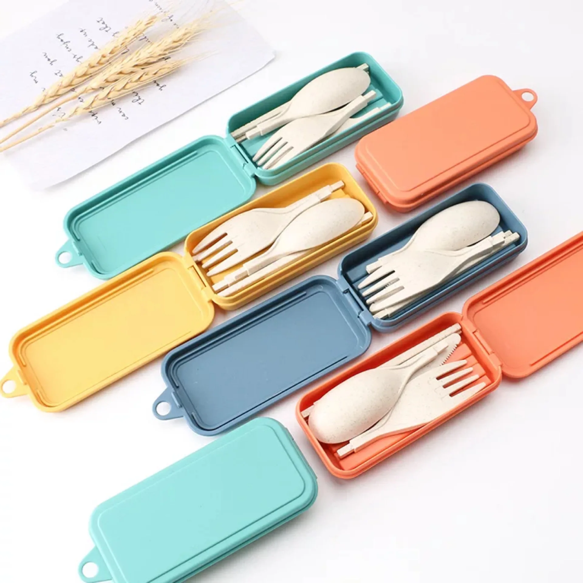 

Wheat Straw Folding Travel Cutlery With Box Student Fork Spoon Knife Chopsticks Set Picnic Camping, Yellow/orange/light green/light blue/beige/pink/dark blue/dark green