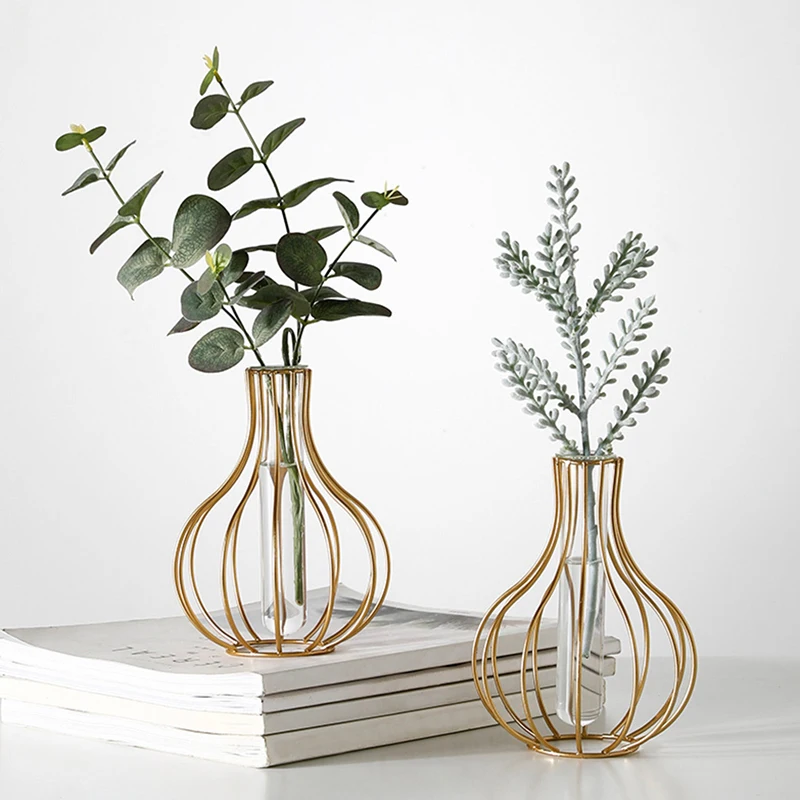 

Nordic modern minimalist original golden iron metal wire art hydroponic plant holder flower vase