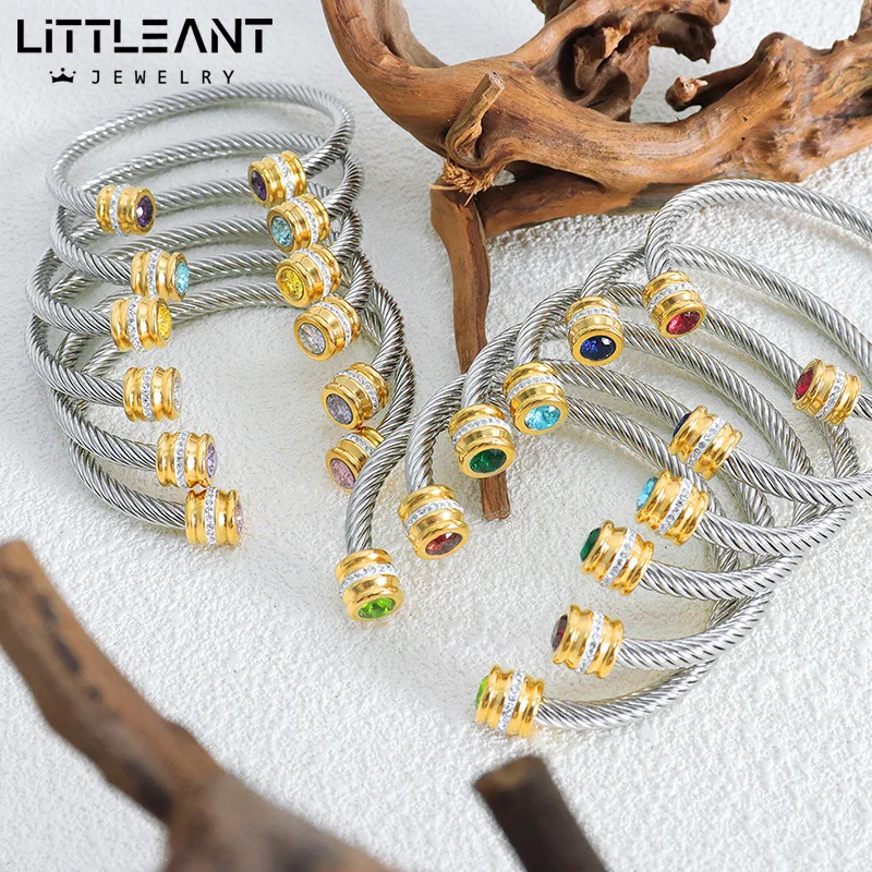 

Custom Wholesale High Quality 18K Gold Plated Stainless Steel Girl Party Jewelry Birthstone Twisted Cable Wire Cuff Bangle