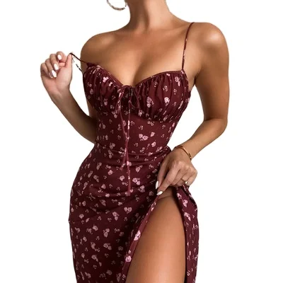 

2020 Autumn New Casual Women's Sexy Fashion Floral Folds Lace Split Suspender Skirt Girls' Dresses, Wine red