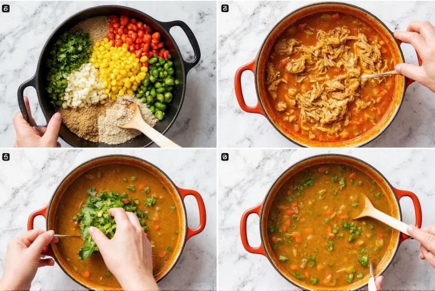 Step-by-step preparation of green chili chicken enchilada soup showing ingredients in cast iron pot