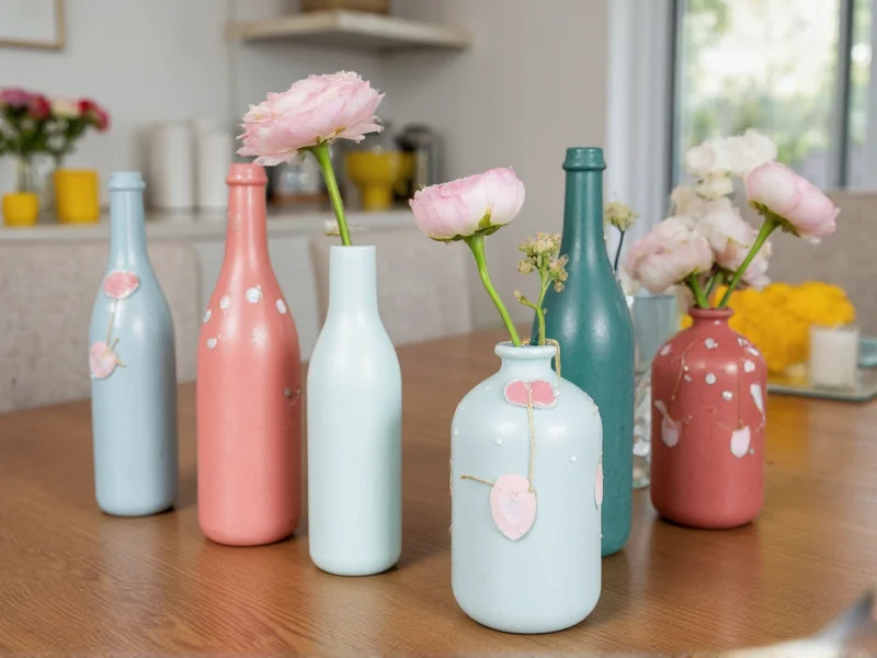 Painted glass bottle vases on dining table