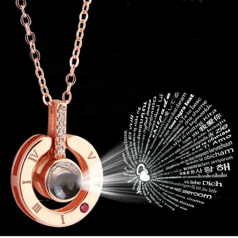 

Rose Gold Silver 100 languages I love you Projection Pendant Necklace Romantic Love love Memory Wedding Necklaces, Picture