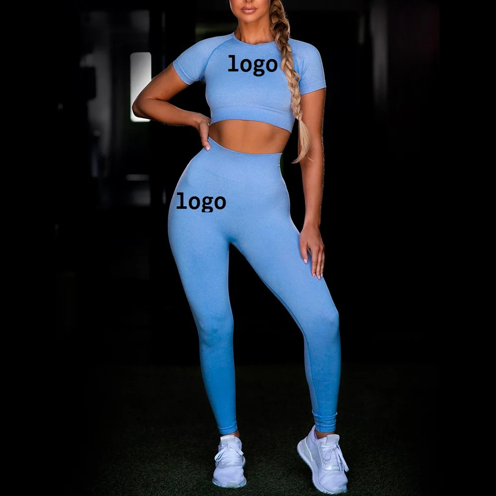 

women custom logo ombre seamless yoga set shorts sleeve crop top high waisted leggings gym fitness workout set