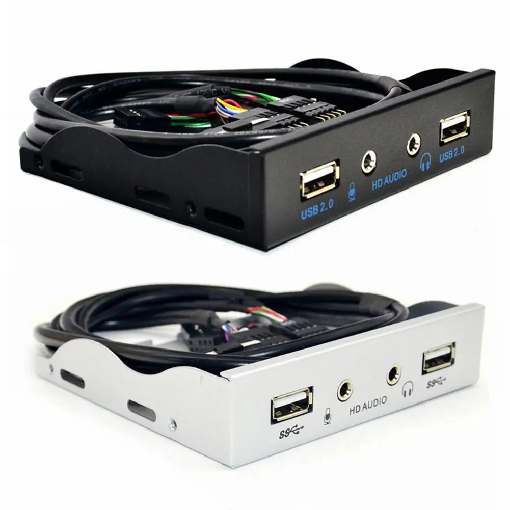 

3.5inch 9Pin to 2 USB 2.0 Port HUB Splitter Floppy Bay HD Audio 3.5mm Earphone Jack Expansion Front Panel Rack for Computer PC