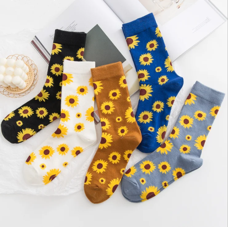 

Women Ins Style Beautiful Crew Happy Cotton Sunflower Cute Korean Socks, 5 colors