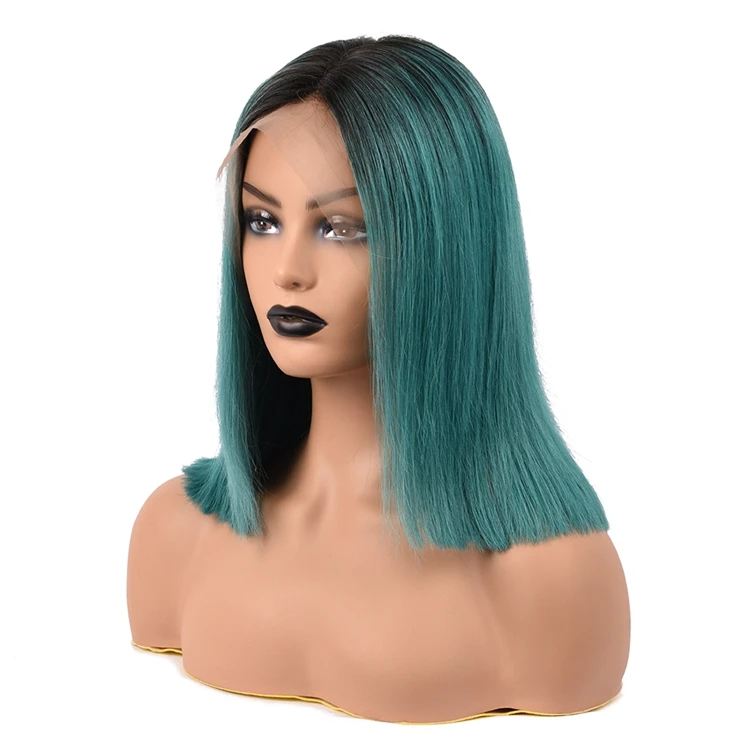

Free Shipping 100% Human Hair Wigs 1b Green Lace Front Short Bob Wigs