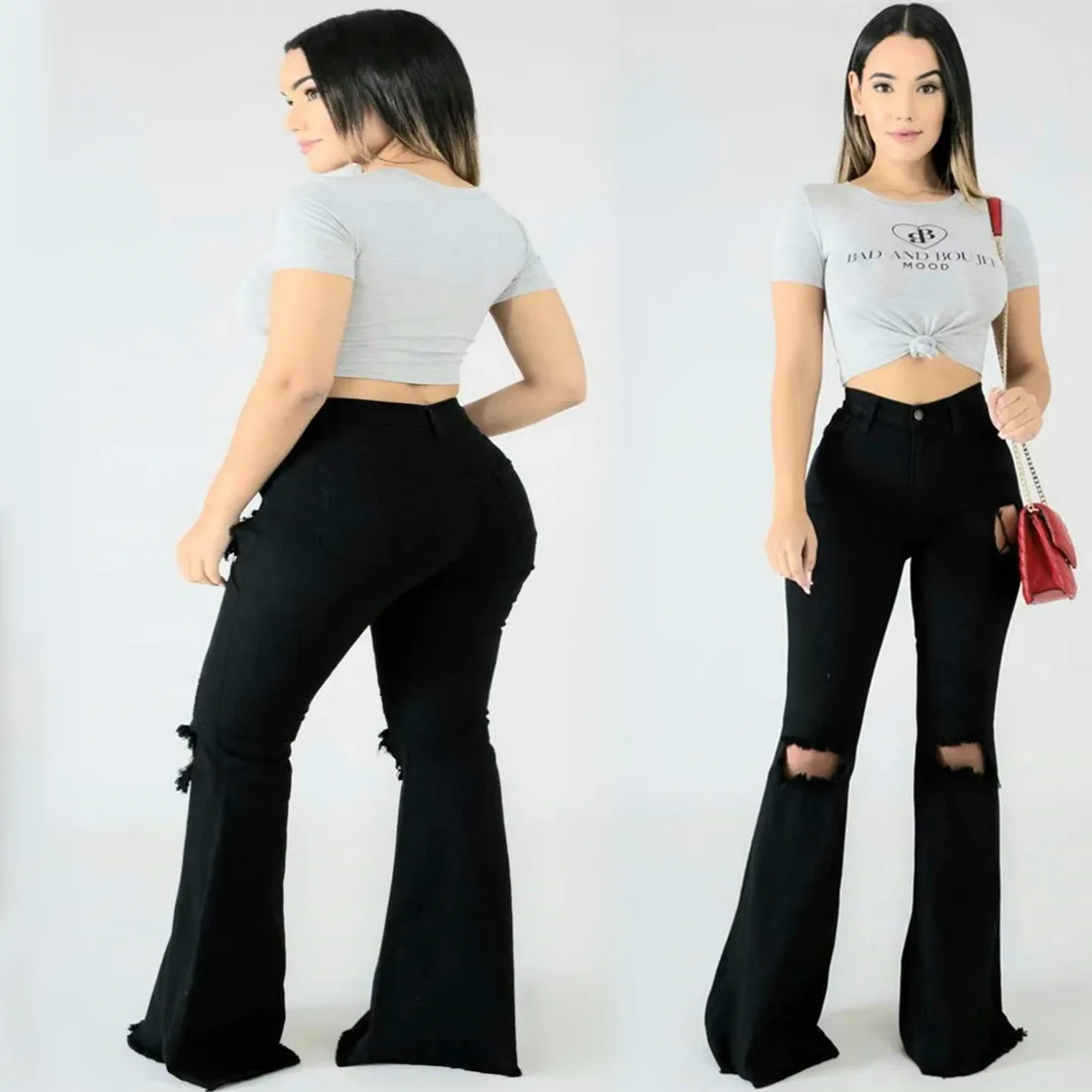 

2021 Spring Summer Women Sexy Black Hole Leggings Loose Bottoms Trousers Cut Out Flare Pants