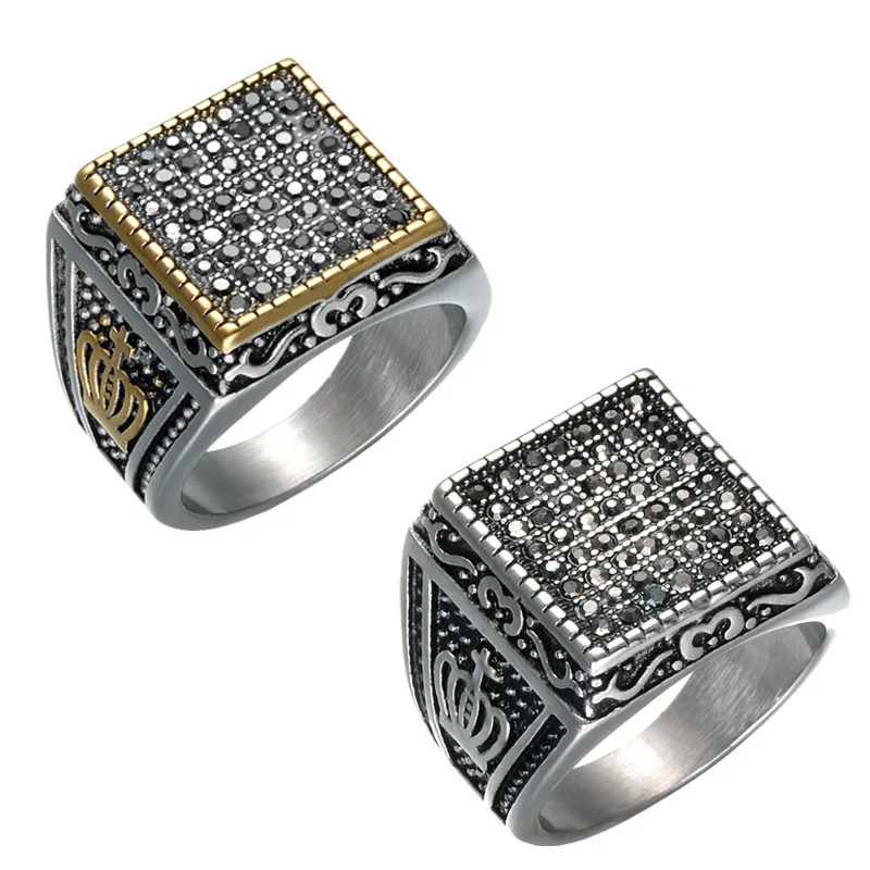 

Vintage Black Rhinestone Stainless Steel Fashion Jewelry Black Accessories Men Ring