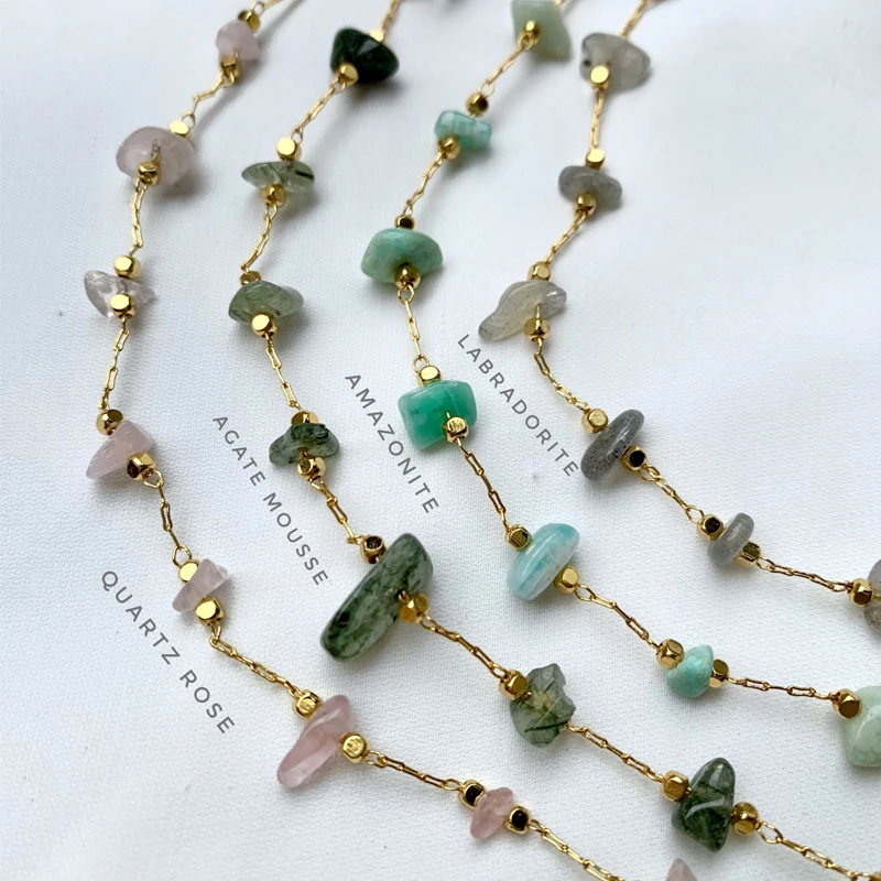 

Handmade Irregular Natural Stone Necklace Gold Stainless Steel Chain Stitching Collar Multiple Color Selection High Quality Jewe, Gold pink green blue