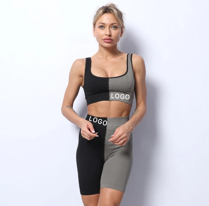 

Seamless Ribbed Yoga Set Contrast Color Gym Fitness Workout Clothes Sets For Women Sports Leggings 2 Piece Set