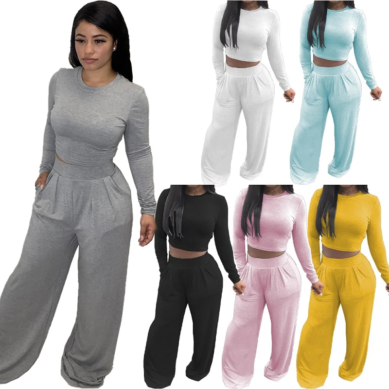

MD-20110206 Fall 2021 womens clothing two piece pants set solid color casual high waist wide leg pants crop top 2 piece set